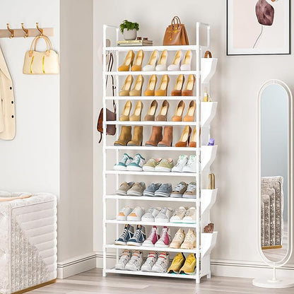 LUKYTOWER Tall Shoe Rack 10 Tier Shoe Racks Organizer for Closet 30-35Pairs,Large Capacity Storage Rack for Shoes with 5Hooks and Side Pocket,Sturdy Shoe Shelf, Vertical Shoe Stand Tower