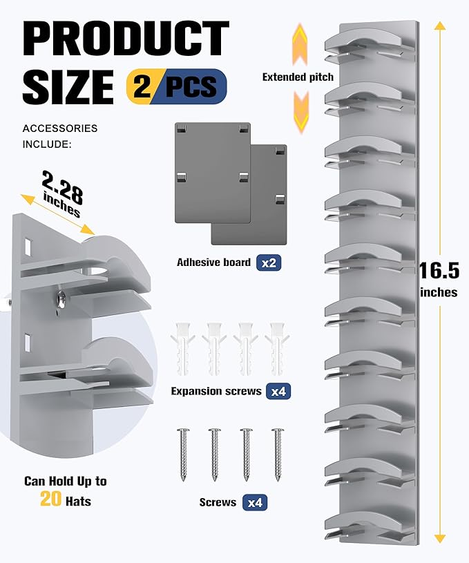 Hat Organizer for Baseball Caps 2 Pack, Hat Rack for Wall Hold up to 20 Hats with Strong Adhensive, Hats Holder Hanger Space Saving for Displlay, Cap Organizer Storage Multilayer(Grey)
