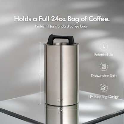 KIVY Vacuum Coffee Canister - Push Lid Preserves Coffee Aroma & Oil - Stainless Steel Airtight Coffee Canister - Removes Excess Air