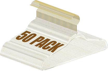 FUDESY Clear Plastic Hangers 50 Pack, Acrylic Clothes Hangers with Gold Glitter, Heavy Duty Hangers, Space Saving, Ultra Slim, 360° Swivel Hook, Non-Slip Notches, for Coats, Suits, Dress, Pants
