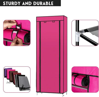 Vertical Narrow Shoe Rack Organizer, Room-Saving 10-Layers 9 Lattices Non-Woven Fabric Shoe Rack, Free Standing Shoe Storage Cabinet with Dustproof Cover, 22.83 x 11.4 x 63 inches,Rose Red