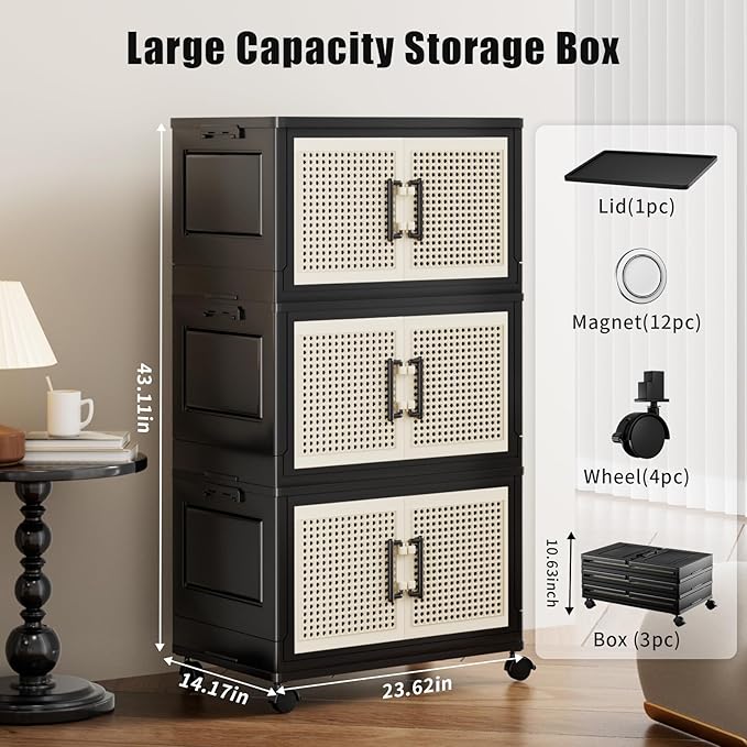 Storage Bins with Lids, Stackable Storage Containers with Lids, Collapsible Plastic Bins, Closet Organizers and Storage with Wheels and Magnetic Door for Home Office Dorm (3 Pack)