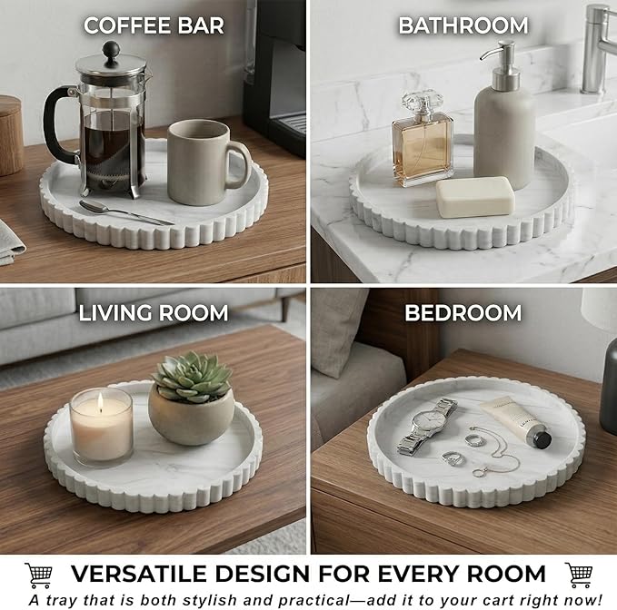 Round Silicone Bathroom Vanity Tray, Decorative Organizer for Soap, Perfume, Candle, Kitchen Countertop, Coffee Table Decor (White Marble, 9")