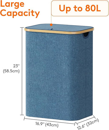 Lifewit 80L Laundry Basket with Lid, Clothes Hampers for Laundry with Bamboo Handles and 1 Removable Bag, Large Foldable Laundry Hamper for Bedroom, Bathroom, Dorm, Laundry Room, Dark Blue
