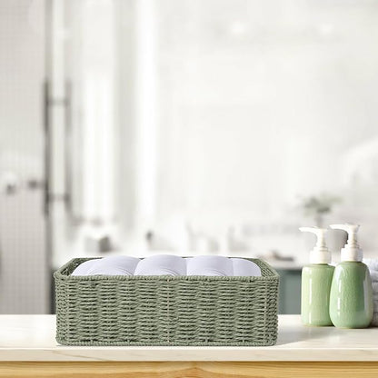 Drawer basket Handwoven Paper Rope Rectangular Shallow Basket Storage-15.35X12.01X4.72 Inches (Green)
