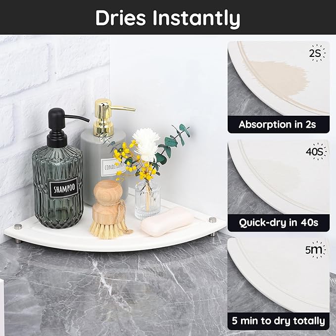Segbeauty Fast Drying Corner Counter Shelf, 9.85in Instant Dry Corner Sink Organizer Diatomite Tray, Water Absorbent Tray for Bathroom Counter Decor, Side Countertop Organizer for Soap Dispenser