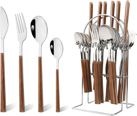 24piece Silverware Set with Hanging Holder, Stainless Steel Tableware Set With Cutlery Storage Rack, Decent Gift Box For Housewarming, Party, Dining - Brown Silver, set of 6