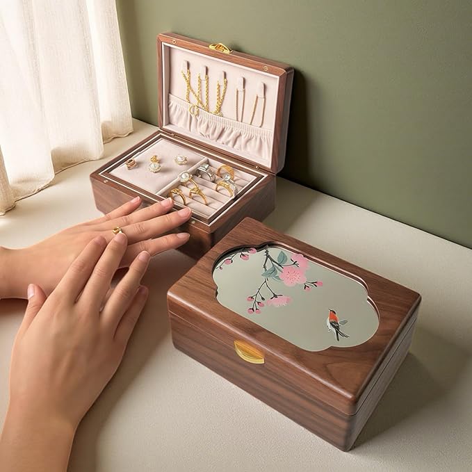 Travel-Friendly Portable Black Walnut Jewelry Box, 2-Layer Classic Organizer, Velvet Lined Storage for Rings, Necklaces, Earrings - Ideal Gift for Birthday, Mother's Day, Anniversary,Getaways