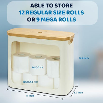 Toilet Paper Storage with Lid, Large Toilet Paper Holder for up to 12 Rolls, Free Standing Bathroom Storage Organizer with Lid, Beige