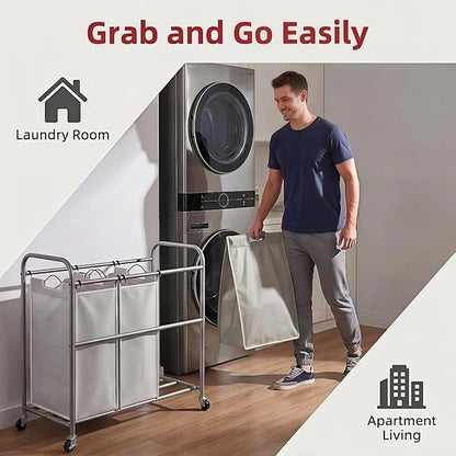 ROMOON Laundry Sorter Hamper 3 Section, Divided Laundry Basket Organizer with Heavy Duty Lockable Wheels and Removable Bags, Rolling Clothes Hamper for Apartment, Dorm & Family (135L Neutral Gray)