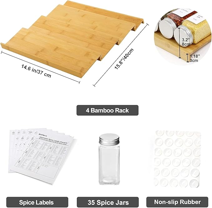 Spice Drawer Organizer with 35 Spice Jars,216 Labels,25 Non-slip Rubber, Bamboo 4 Tier Seasoning Rack Tray Insert for Kitchen Drawers,Cabinets,Countertop,14.6" Wide x 15.8" Deep
