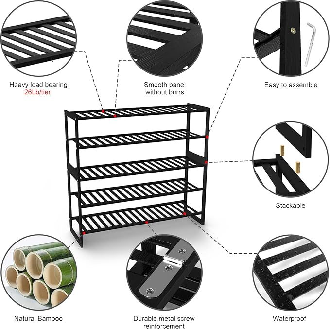 Jripae Shoe Rack Bamboo 5 Tier Shoe Organizer, Storage 20-25 Pairs for Closet Entryway, Stackable Large Tall Shoe Shelf Holder Stand Cubby for Door Hallway Bedroom Garage