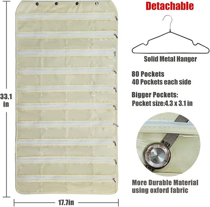 BB Brotrade Hanging Jewelry Organizer,Double Sided Jewelry Storage Organizer,80 Zipper Clear PVC Pockets for Holding Necklaces, Bracelets, Rings, Earrings