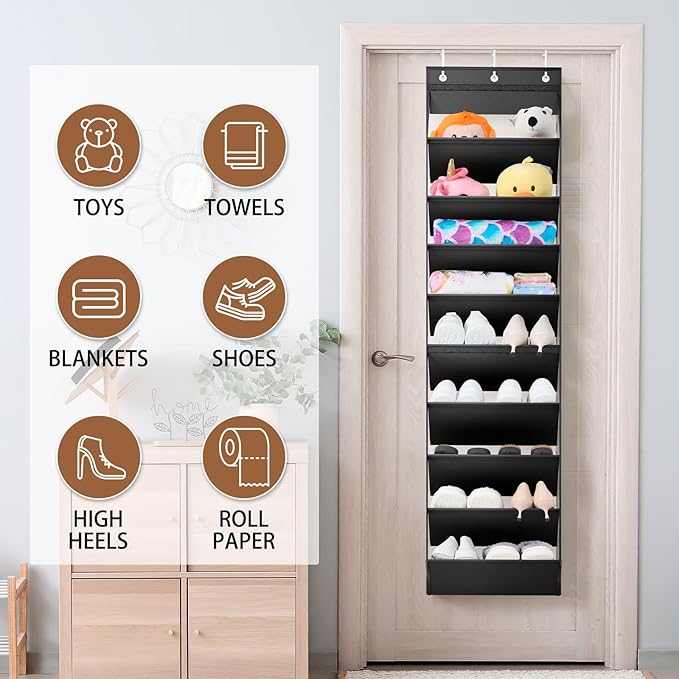WERNNSAI Over the Door Shoe Organizer with Clear Curtain Dustproof, 9-Shelf Shoe Rack, Deep Pockets Large Hanging Shoes Rack for Closet Door Dorm Bedroom Guest Room Black