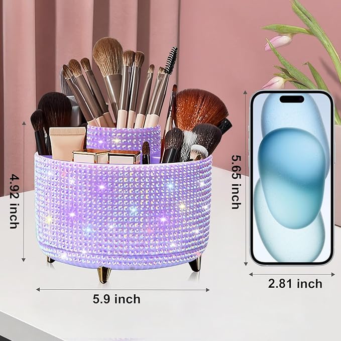 Diesisa Bling Diamond 360° Makeup Brush Holder Organizer, Rotating Makeup Brush Organizer,5 Slot Make up Brushes Cup for Cosmetics, Vanity Desktop Organizer, Gift for Women Teen Girls- Diamond Purple