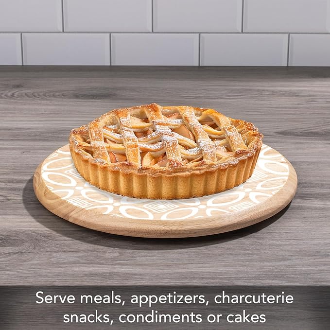 CounterArt Decorative Round Natural Wood Lazy Susan Turntable 14" Diameter Condiment Caddy, Cheese Server, Cake Plate, Spice Organization (White Geometric)