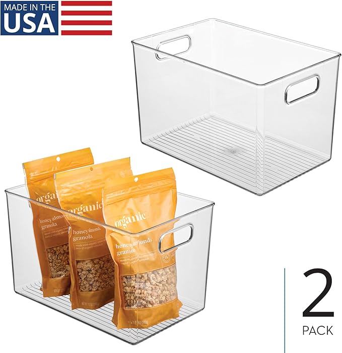 iDesign Storage Bins with Handles - Organizer Bins for Kitchen, Pantry, Bathroom, or Home Office - Set of 2 - Clear