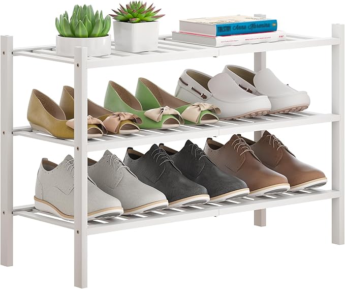 Bamboo Shoe Rack Stackable Shoe Shelf Storage Organizer for Unit Entryway Hallway and Closet Sturdy Freestanding Shoe Shelf(3 Tier White)