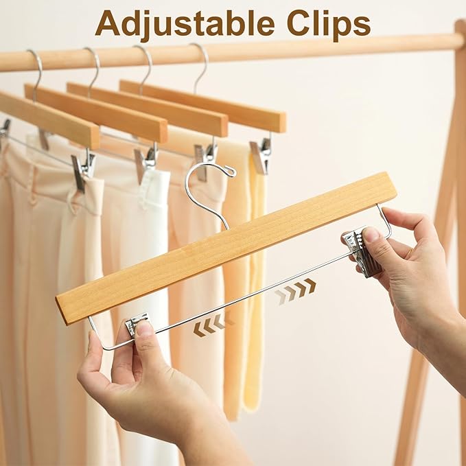 BAGAIL 20 Pack Wooden Pants Hangers with Adjustable Clips, 360°Swivel Hook Space Saving Skirt Holders with Anti-Rust Clips for Trousers, Jeans, Shorts (Natural)