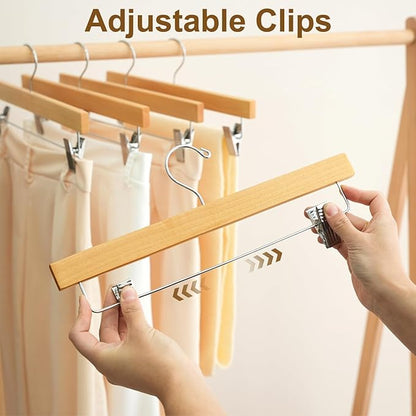 BAGAIL 20 Pack Wooden Pants Hangers with Adjustable Clips, 360°Swivel Hook Space Saving Skirt Holders with Anti-Rust Clips for Trousers, Jeans, Shorts (Natural)