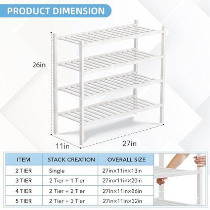4 Tier Bamboo Shoe Rack Storage Organizer for Closet, Multifunctional Stackable Free Standing Shoe Shelf Organizer for Small Space,Entryway, Hallway, Bathroom27 x11 x26(White, 4 Tier)