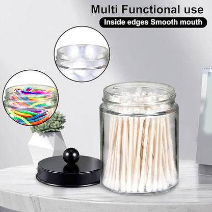 4 Pack Qtip Holder, Canister Apothecary Jar Set, Clear Plastic Apothecary Jar Containers, Bathroom Jars with Lids Set for Cotton Swabs, Balls, Pads, Floss Picks (Black)