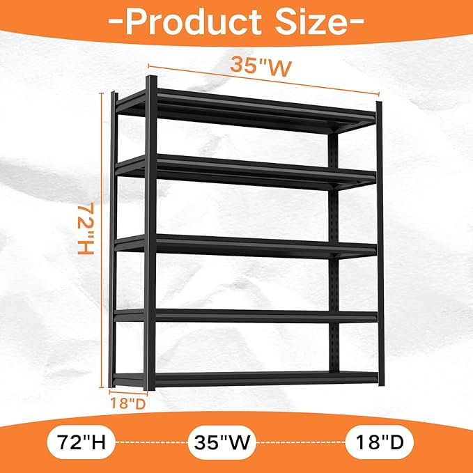 72''H Garage Shelving,3300LBS Heavy Duty Garage Shelving,35"W Industrial Shelving,Adjustable Storage Shelf Unit with Double Layer Posts for Garage,Basement,Warehouse,Commercial,Black 5 Tier