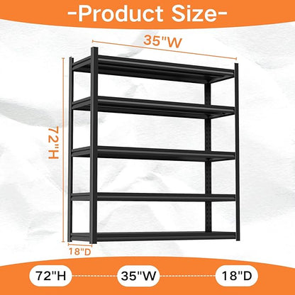 72''H Garage Shelving,3300LBS Heavy Duty Garage Shelving,35"W Industrial Shelving,Adjustable Storage Shelf Unit with Double Layer Posts for Garage,Basement,Warehouse,Commercial,Black 5 Tier