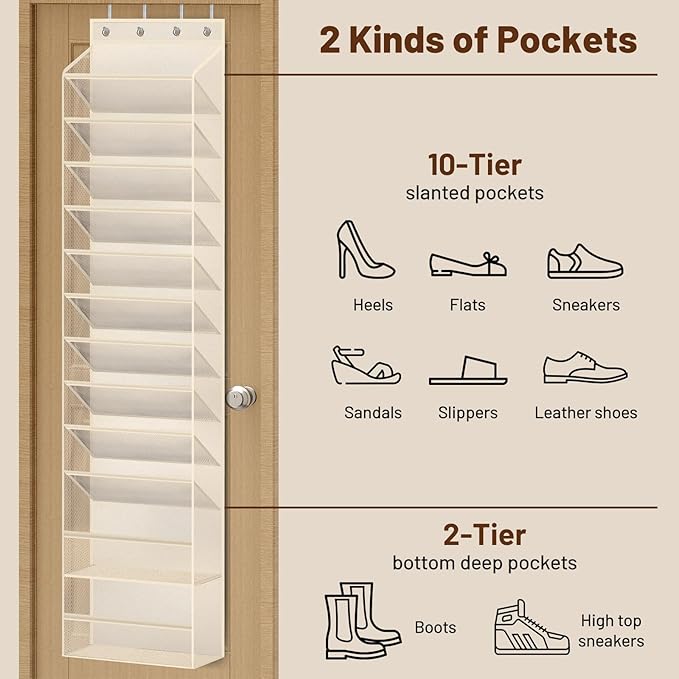 MISSLO 12 Tier Over the Door Shoe Organizer Breathable Mesh Hanging Shoe Rack for Closet Storage Shoe Holder for Door Fit 24 Pairs Sandals, Heels, Boots (Beige)