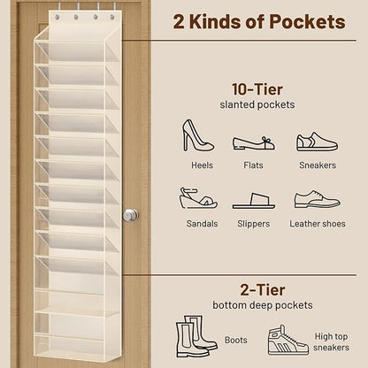 MISSLO 12 Tier Over the Door Shoe Organizer Breathable Mesh Hanging Shoe Rack for Closet Storage Shoe Holder for Door Fit 24 Pairs Sandals, Heels, Boots (Beige)