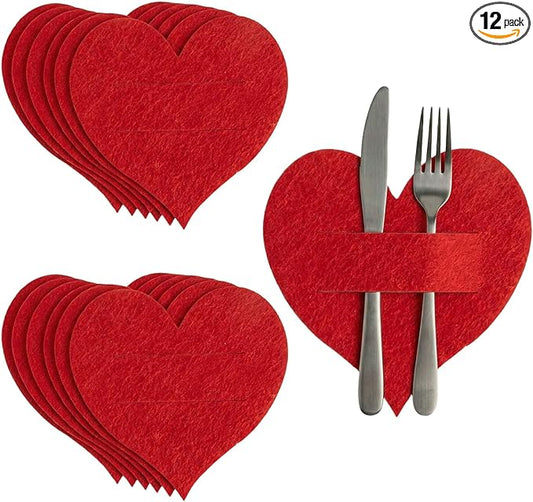 12PCS Valentine Silverware Holder Heart Pockets,Red Felt Heart Shape Valentine's Day Silverware Holder,Heart Shaped Flatware Pocket for Birthday Mother's Day Holiday Party Table Setting Decor