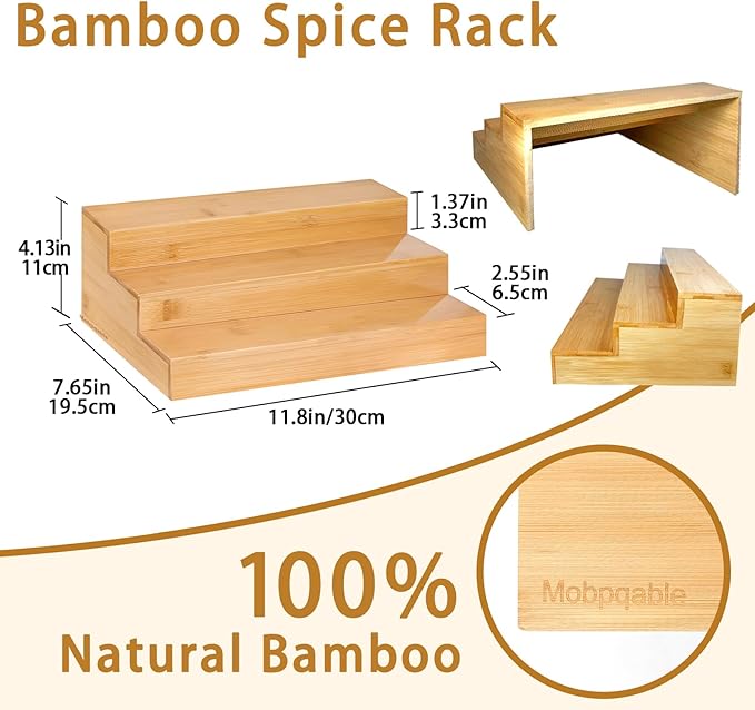 Spice Rack Organizer for Cabinet - Bamboo Spice Shelf, 3 Tier Seasoning Organizer for Countertop, Kitchen, Pantry 2 Pack