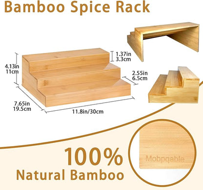 Spice Rack Organizer for Cabinet - Bamboo Spice Shelf, 3 Tier Seasoning Organizer for Countertop, Kitchen, Pantry 2 Pack
