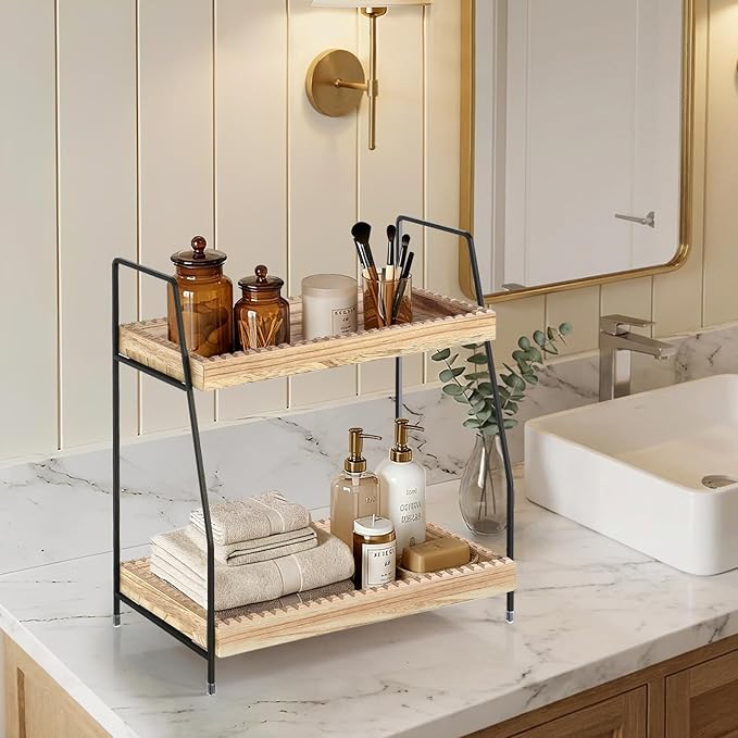 2 Tier Bathroom Countertop Organizer, Unique Slotted Edge Bathroom Organizers and Storage, Wood Counter Shelf for Storage, Countertop Organizer for Bathroom, Coffee, Kitchen