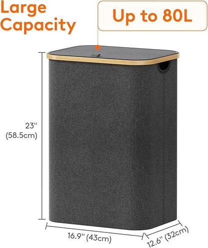 Lifewit 80L Laundry Basket with Lid, Clothes Hampers for Laundry with Bamboo Handles and 1 Removable Bag, Large Foldable Laundry Hamper for Bedroom, Bathroom, Dorm, Laundry Room, Dark Gray