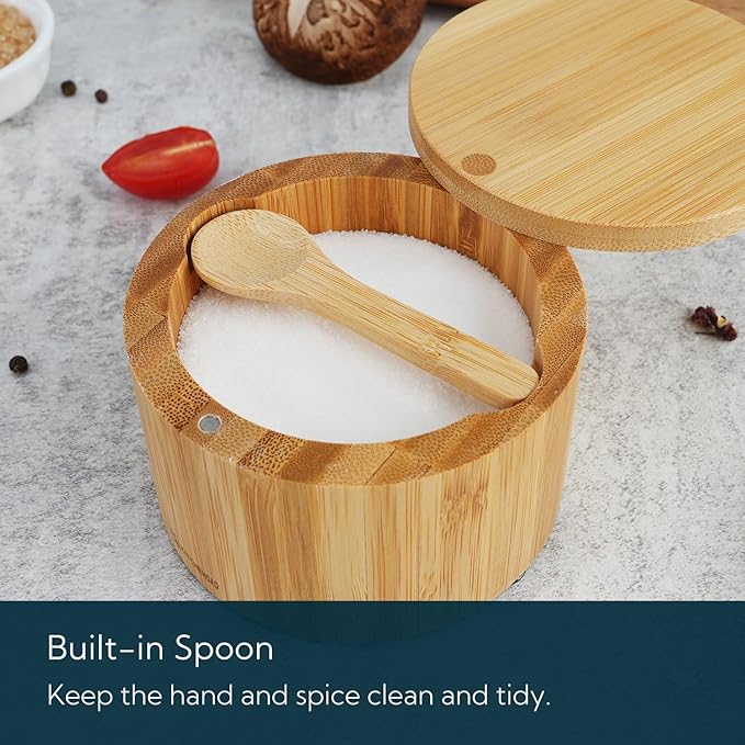 KITCHENDAO Bamboo Salt Pepper Bowl Box Cellar with Spoon and Magnetic Swivel Lid