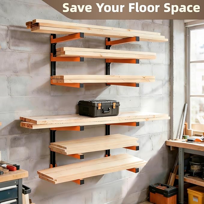 Wall Mounted Lumber Storage Rack and Wood Organizer with 6-Level Holds Up 1320 LBS, Heavy Duty Steel Shelf Brackets for Garages Workshops & Outdoor Sheds, Space Saving Metal Wall Rack