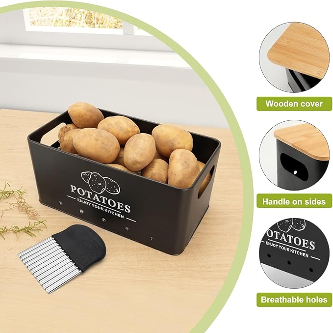 Kitchen Vegetable Storage Set of 3, Metal Onion Garlic Potato Storage Set, Kitchen Canisters Vegetable Keeper Containers with Aerating Holes and Wooden Lid (Black)