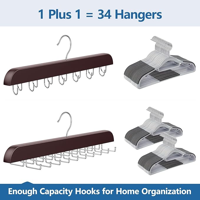2 Pack Tie Rack & Belt Hanger 2 in 1 Tie Hanger Space Saving Max 42 Belts& 60 Ties Capacity for Closet Organizers and Storage, Sturdy Wood Belt & Tie Closet Organizers and Storage