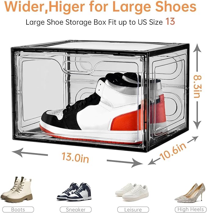 Amllas New Gray 8 Pack Shoe Boxes Stackable, Large Shoe Storage Organizer with Lids,Drop Side Shoe Containers for Entryway,Sneaker Storage Fit up to US Size 13 for Men/Women(13’’x 10.6”x 8.3”)