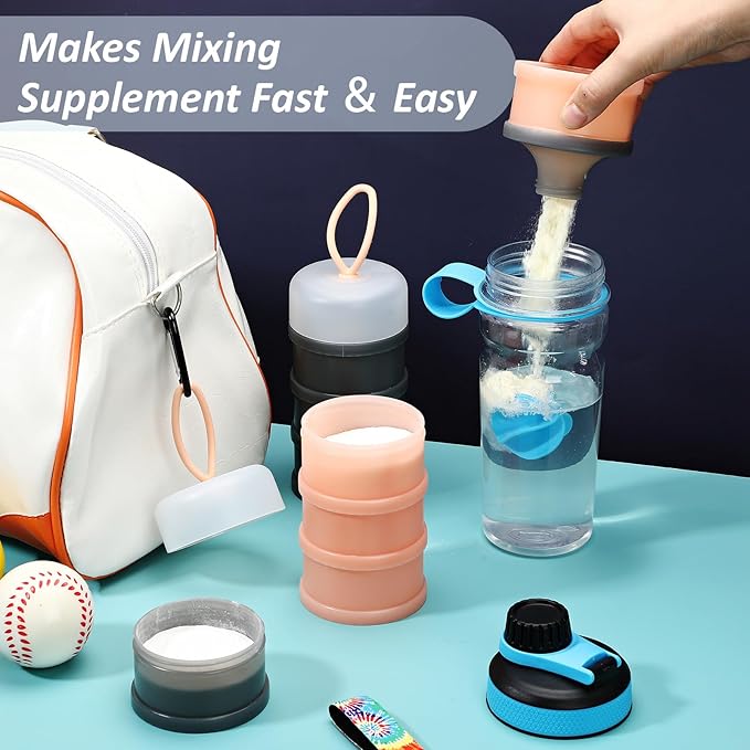 Baderke 2 Pcs Protein Powder Container with Funnels Stand, 4 Stackable Leakproof Protein Powder Dispenser, Portable Keychain Powder Container for Workout, Fitness, Travel