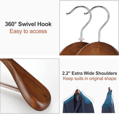 TOPIA HANGER Wide Shoulder Wooden Hangers, Suit Hangers with Non Slip Pants Bar & 360° Swivel Hook, Solid Wood Heavy Duty Coat Hanger, 6 Pack (Walnut)-CT02WA
