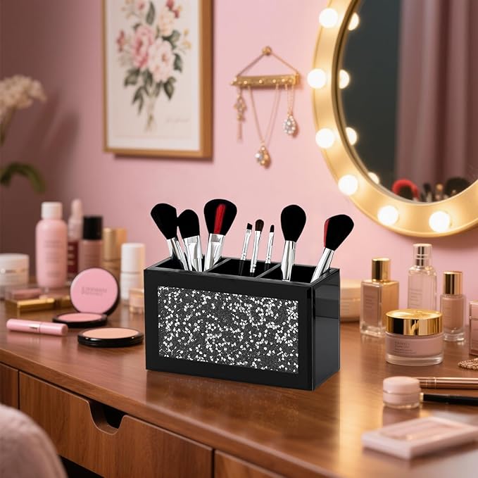 SHYFOY Black Makeup Brush Holder Organizer, 3 Slots Glass Cosmetic Brushes Storage with Crushed Diamond, Pencil Pen Holder for Desk, Desk Organizer and Accessories for Vanity
