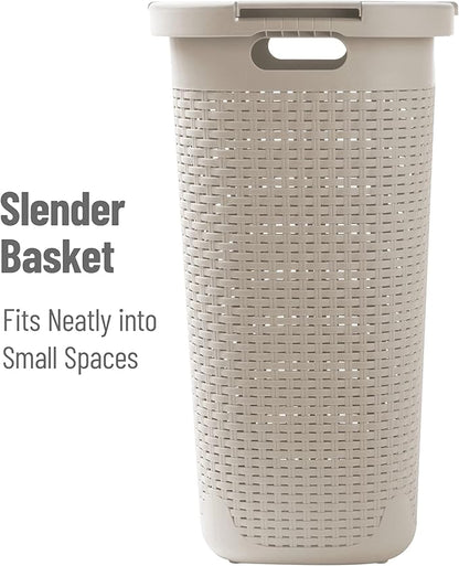 Mind Reader Slim Laundry Hamper with Lid, 60L Tall Clothes Basket, Narrow Tapered Design for Bathrooms, Closets and Laundry Rooms, Plastic, Ivory