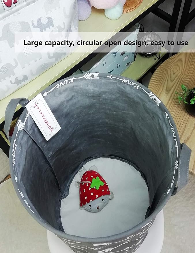 QUEENLALA Large Storage Basket,Laundry Hamper/Bathroom/Home Decor/Collapsible Round Storage Bin,Boys and Girls Hamper/Boxes/Clothing(Love Grey Arrow)