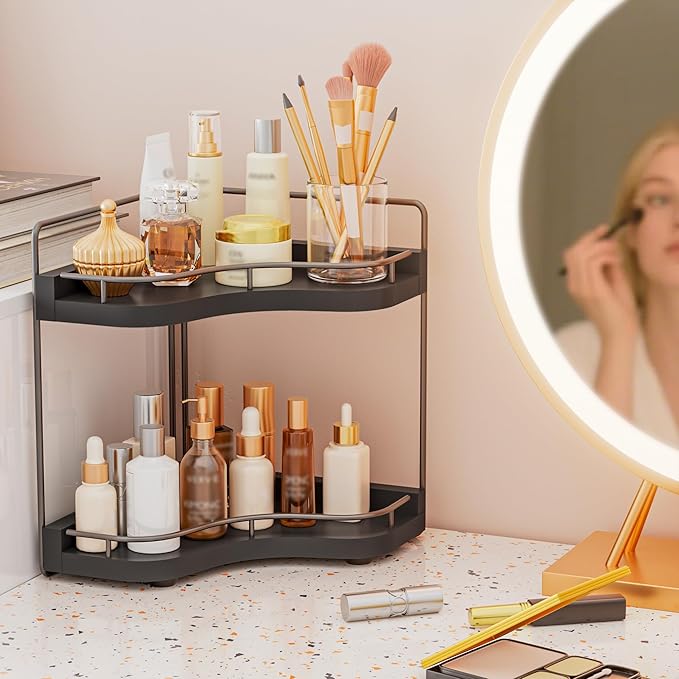 2-Tier Corner Bathroom Counter Organizer with Embedded Screw Holes, Secure & Stable Wood Vanity Shelf for Makeup and Skincare Essentials - Space Saving Bathroom Countertop Storage, Black
