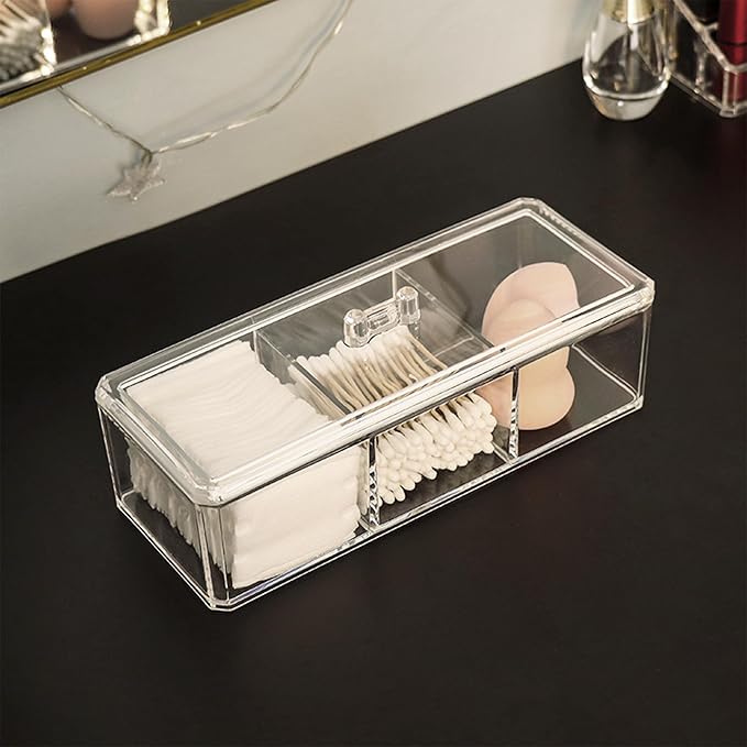 Square Qtip Holder, 3 Compartments Cotton Ball Holder, Box with Lid in Bathroom, Qtip Dispenser Containers for Cotton Swabs & Ball, Make Up Pads (Transparent)