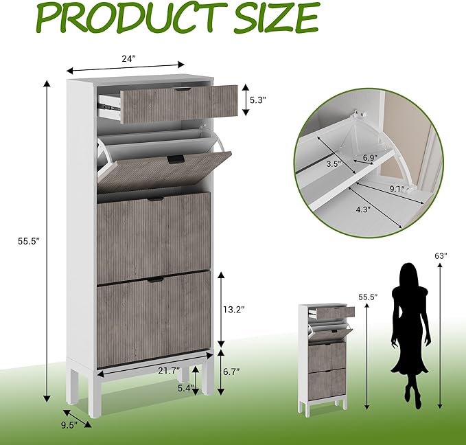 IDEALHOUSE Shoe Storage Cabinet with 3 Flip Drawers, Farmhouse Fluted Shoe Organizer with Metal Legs, Freestanding Hidden Slim Narrow Shoe Rack for Entryway, Foyer, Hallway