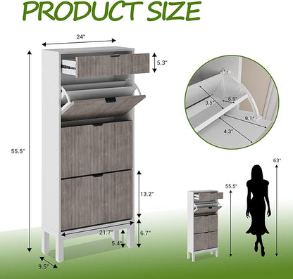 IDEALHOUSE Shoe Storage Cabinet with 3 Flip Drawers, Farmhouse Fluted Shoe Organizer with Metal Legs, Freestanding Hidden Slim Narrow Shoe Rack for Entryway, Foyer, Hallway