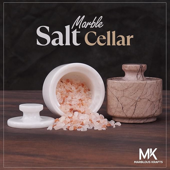 MARBLOUS KRAFTS Marble Salt Cellar with Lid 3" White and Marinara Salt, Pepper Bowls, Seasoning Containers Kitchen Storage, Perfect Mother’s Day Gift for Mom, Decorative Spice Jar, Home Décor